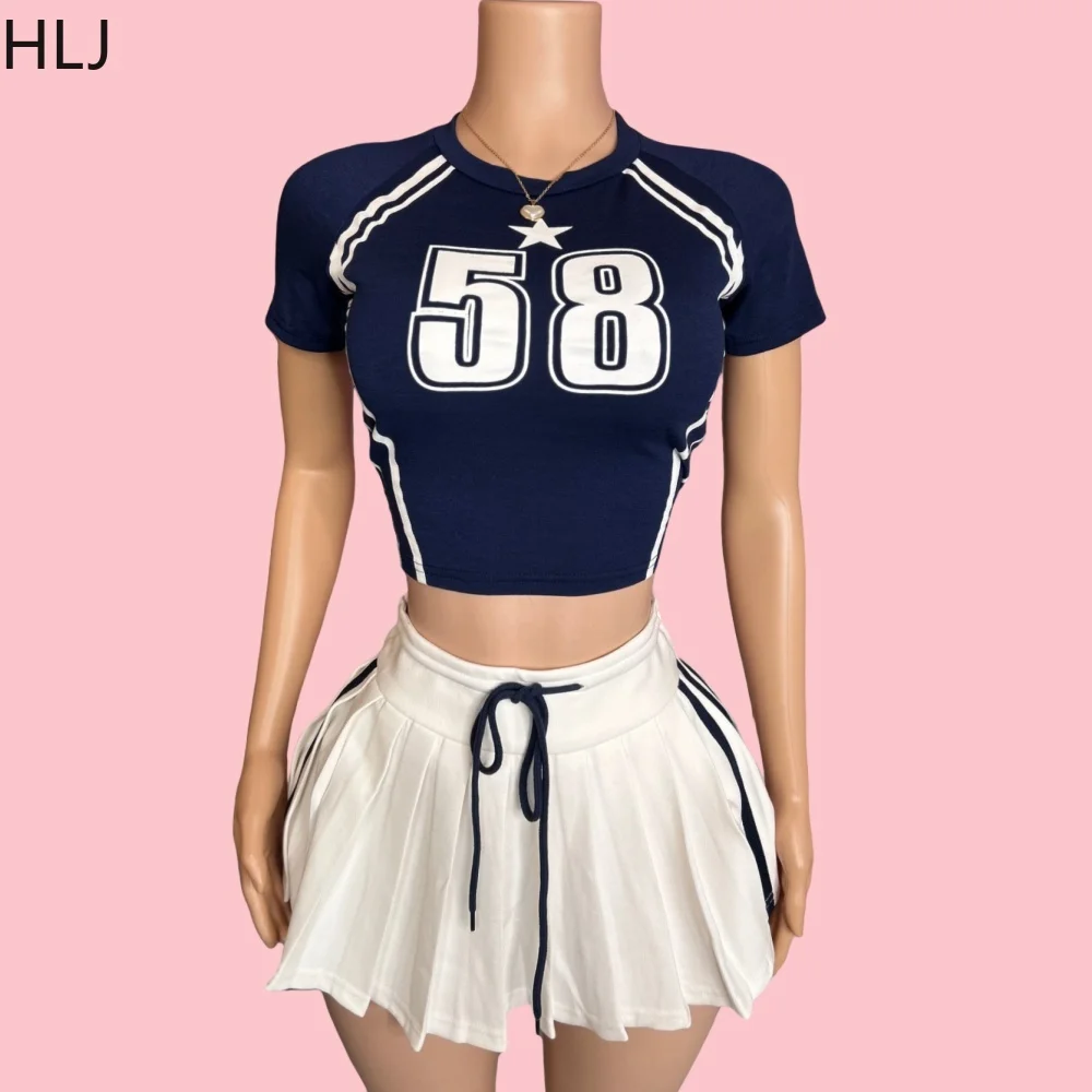 HLJ American Vintage Style Fashion Pleated Mini Skirts Two Piece Sets Women O Neck Letter Print Slim Top And Aline Skirt Outfits