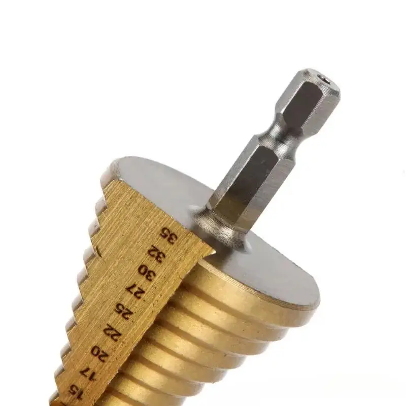 

Gold Titanium Pagoda Step Drill Bit 5-35mm Hex Straight Groove Hole Expander for Wood Plastic Aluminum