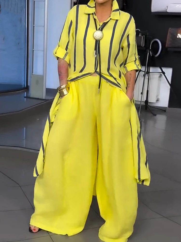 Langarm-Maxi-Oberteil mit Umlegekragen, weit geschnittene Hose, gestreiftes Casual-Streetwear-Set, zweiteiliges, lockeres, schlichtes Herbst-Outfit für Damen