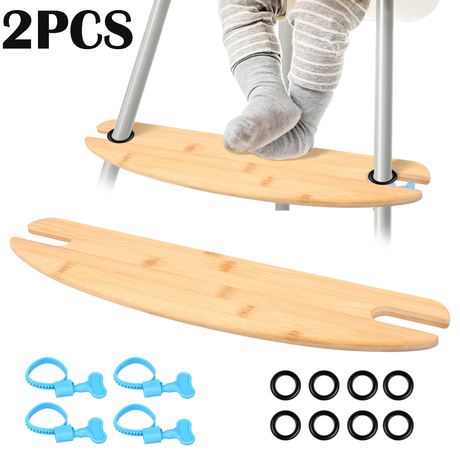 

2Pcs Bamboo High Chair Foot Rest Height Adjustable High Chair Footrest with 2 Rubber Rings and Fixing Rings for High Chair