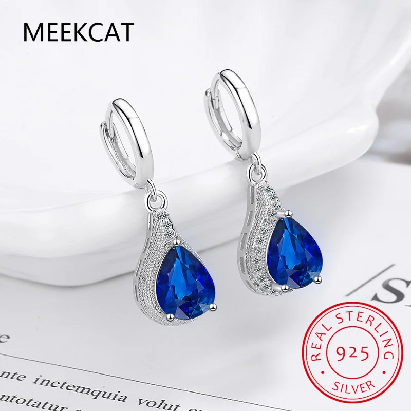 12ct Huge Pear Created Blue Sapphire 925 Sterling Silver Dangle Earrings for Women