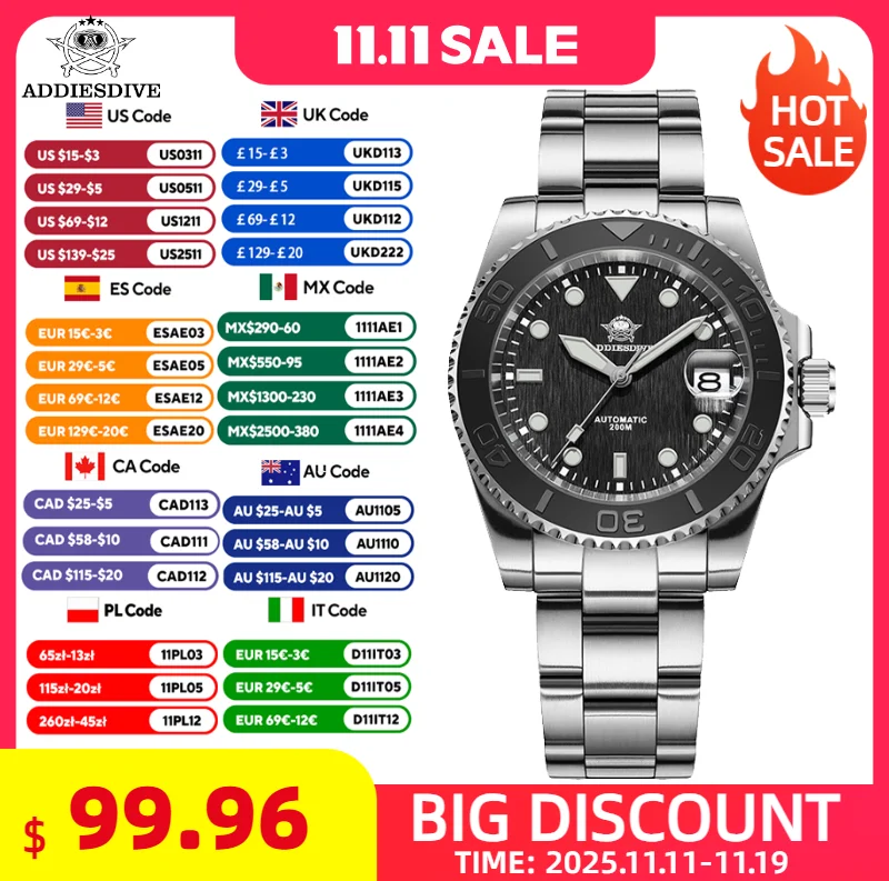 

ADDIESDIVE Watch Men's Diving Automatic Wrist watch 200m Waterproof Stainless Steel Sapphire Glass Super Luminous Sports Watch