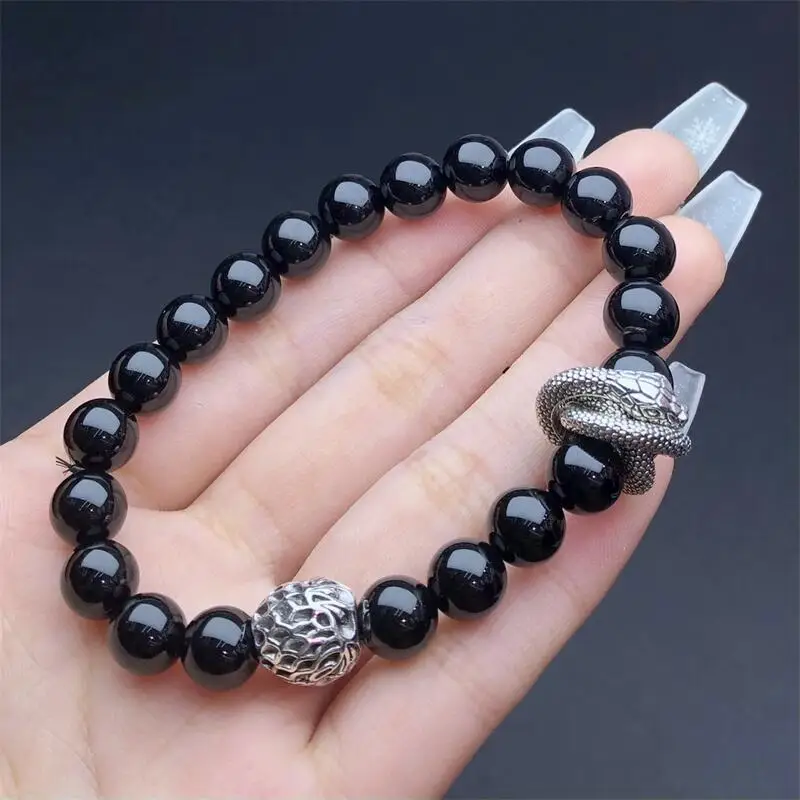 8MM Natural Black Agate Bracelet Women Men Handmade Stretch Rope Luxury Jewelry Energy Healing Gift 1PCS