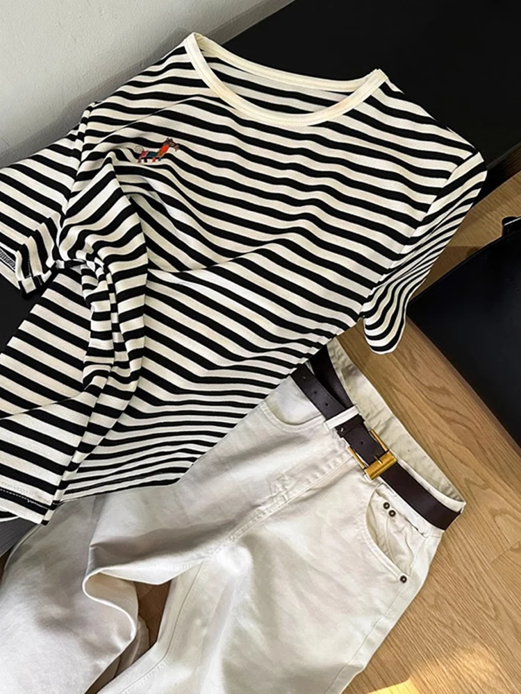Efecto adelgazante ort Sve camiseta a rayas Casual Base de algodón puro irt Faionable coreano Sle redondo Ne Top para verano