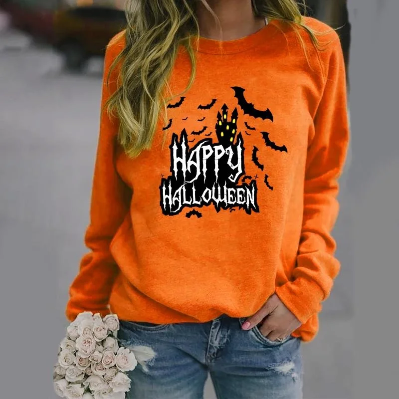 Happy Halloween Long Sleeve Pullover Women's Scary Halloween Crew Neck Sweater New Halloween Fashion Long Sleeve Top