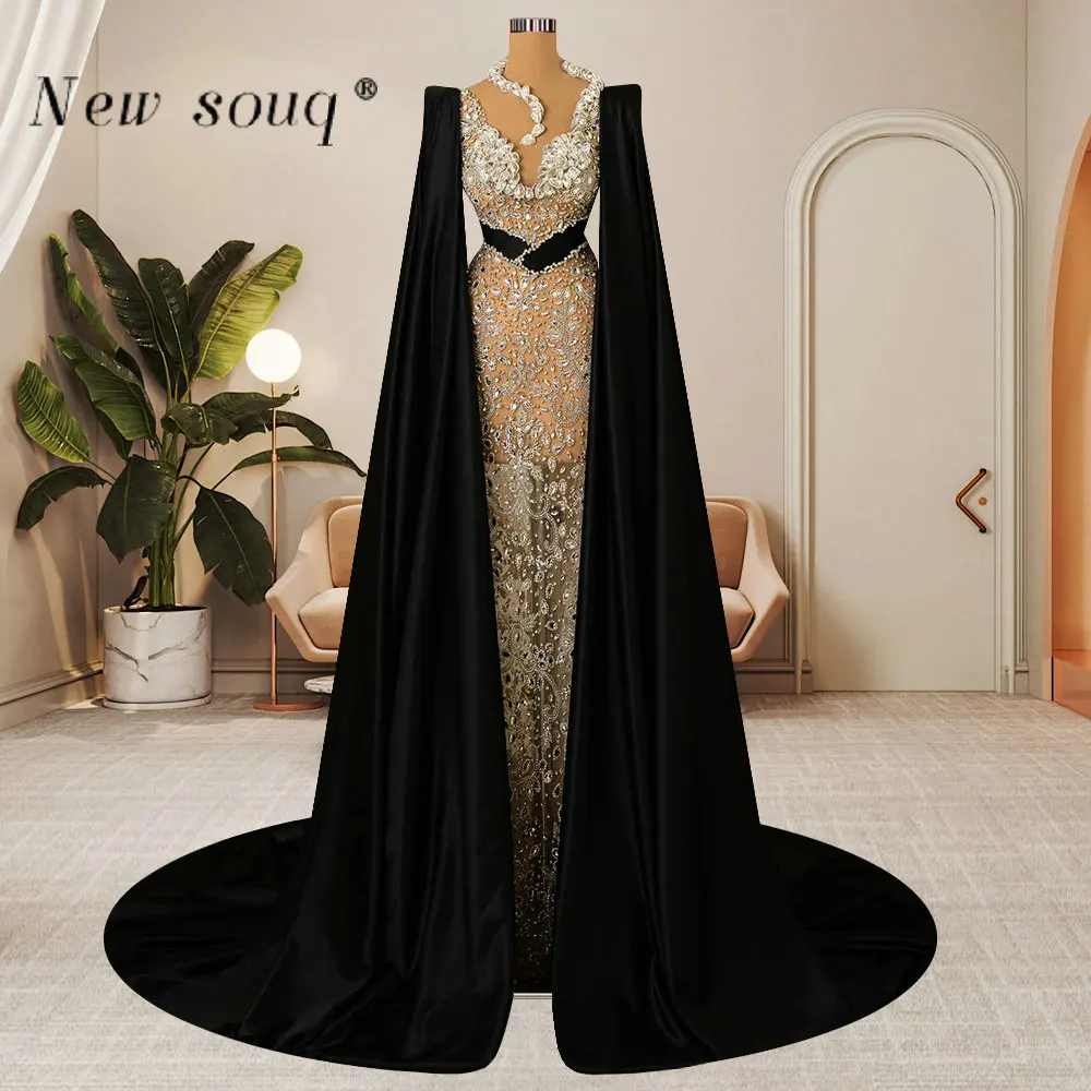 Dubai Arabic Black Muslim Evening Dresses Features Long Cape Sleeves Islamic Formal Party Gowns Beaded Kafan Sexy Robes Vintage