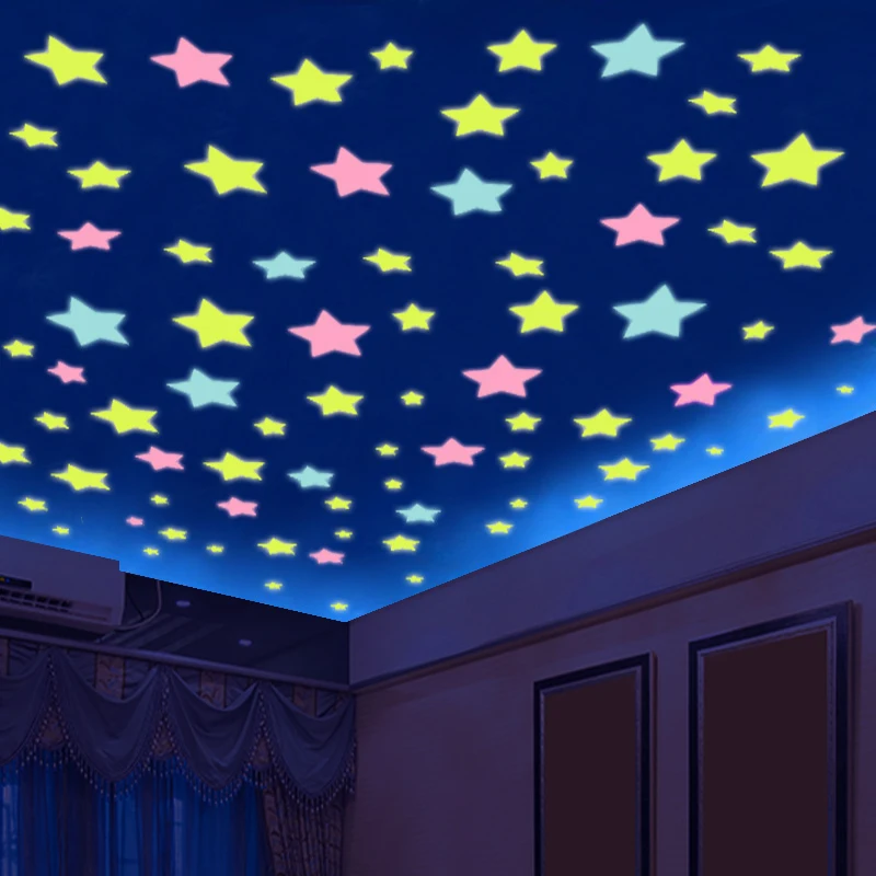 50 pçs luminosa fluorescente adesivos de parede 3d estrelas brilho no escuro adesivos de parede para crianças quarto do bebê teto decoração da sua casa