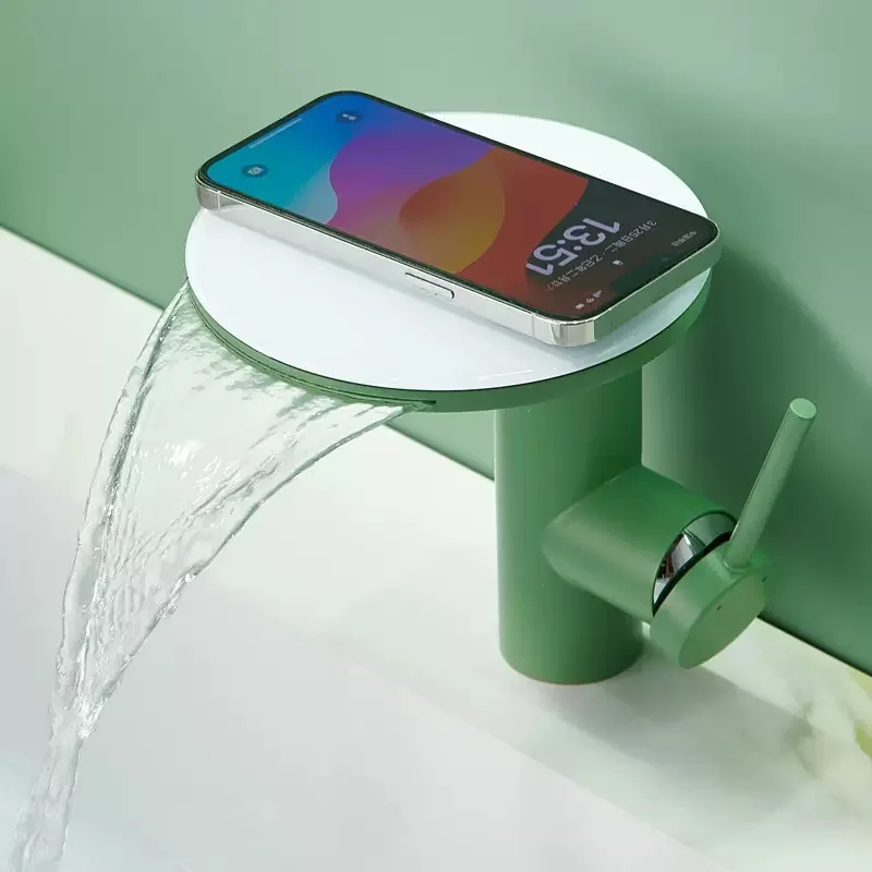 

Rotating Basin Faucet with Waterfall Spout Pink Bathroom Sink Mixer Tap Hot Cold