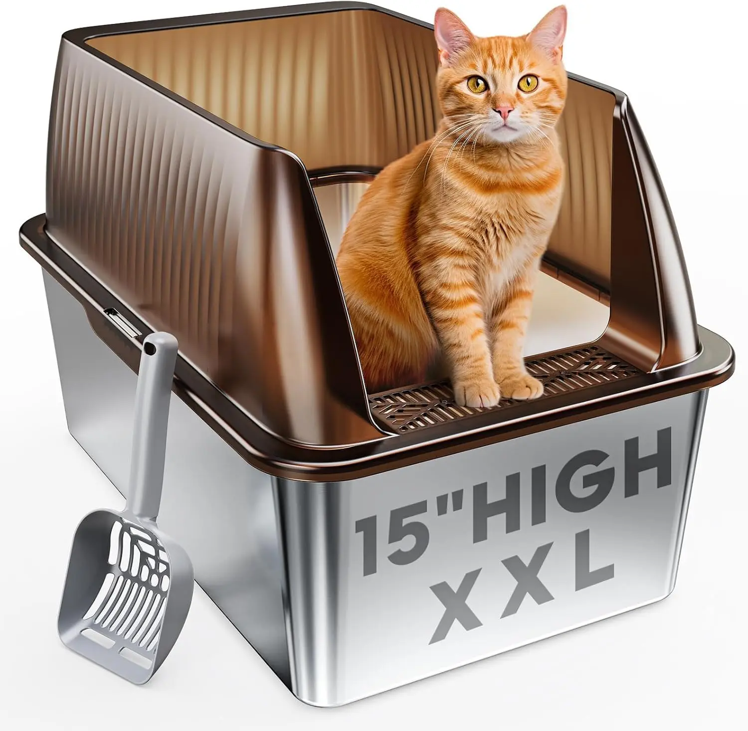 

Extra Large Stainless Steel Cat Litter Box with Lid, High Sides for Mess Control, Translucent Brown XXL Size