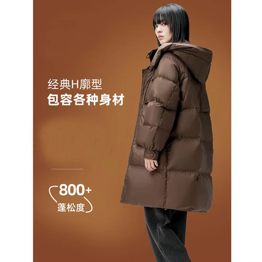 سترة بيضاء 90% من ريش الإوز للنساء، معطف نسائي فضفاض طويل بغطاء للرأس وسميك لشتاء 2025 #3