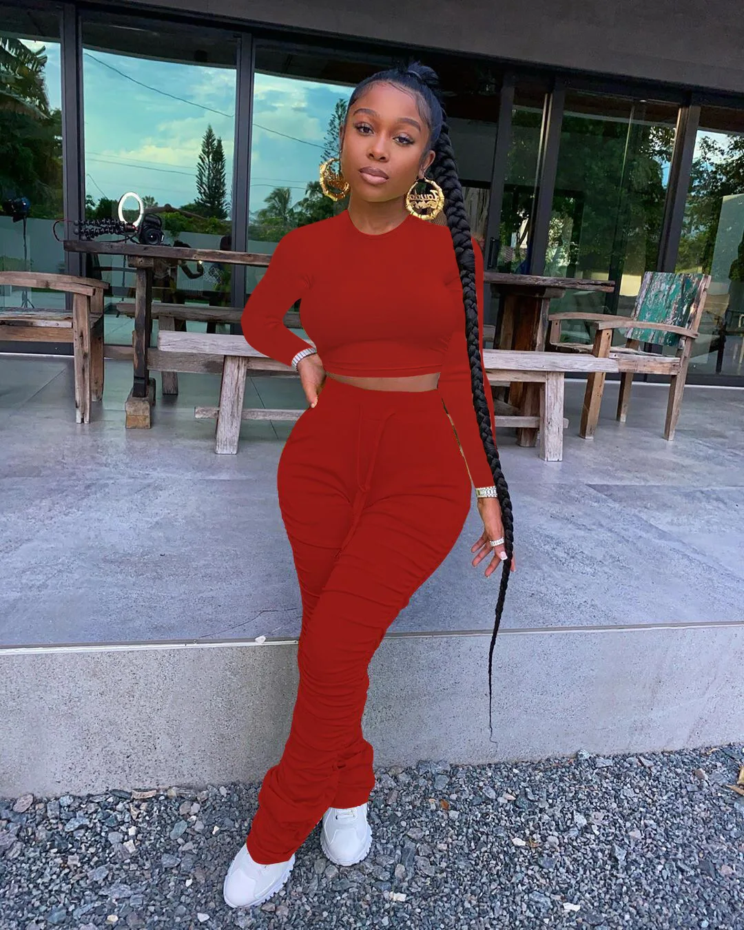 

Ladies tear stacked sportswear sexy ladies autumn and winter two-piece sportswear set with exposed navel top+stacked pants set