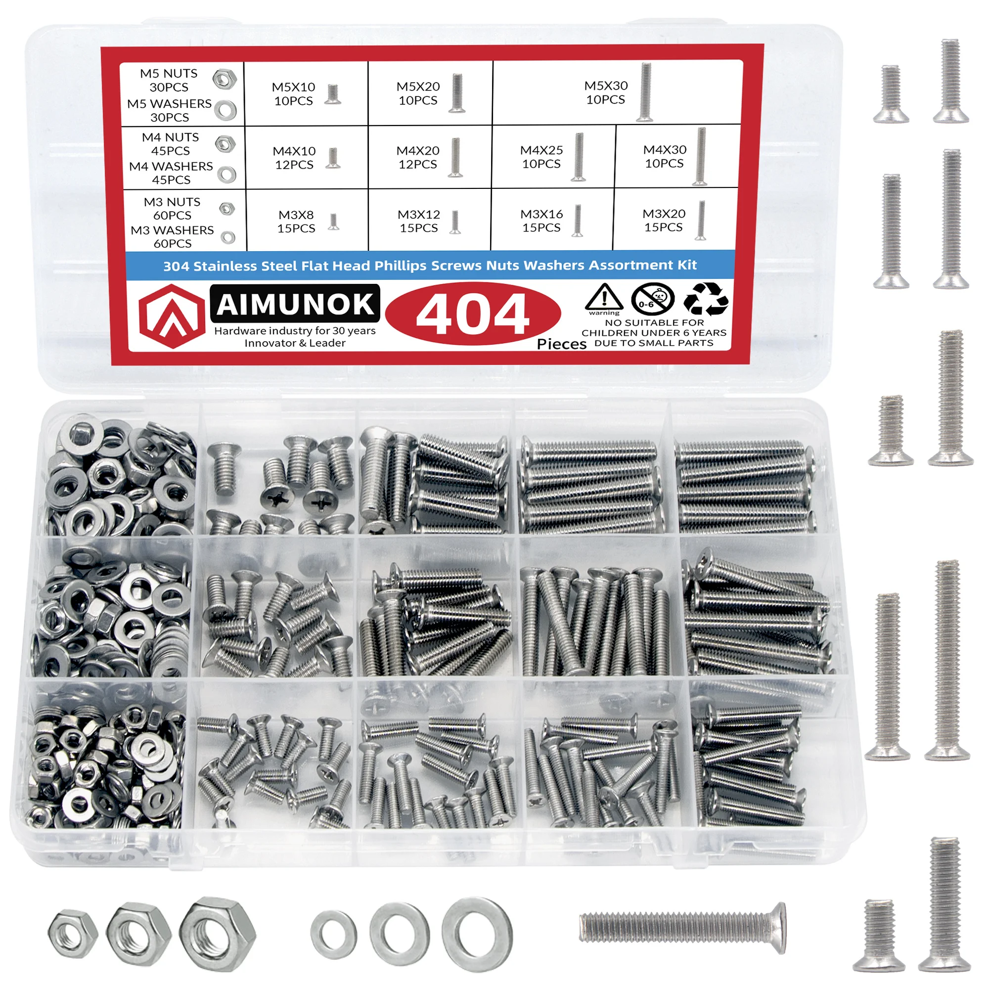 

404pcs 304 Stainless Steel Flat Head Phillips Screws Nuts Washers Assortment Kit Lengthened Longer 8-30mm Cross Phillips Flat