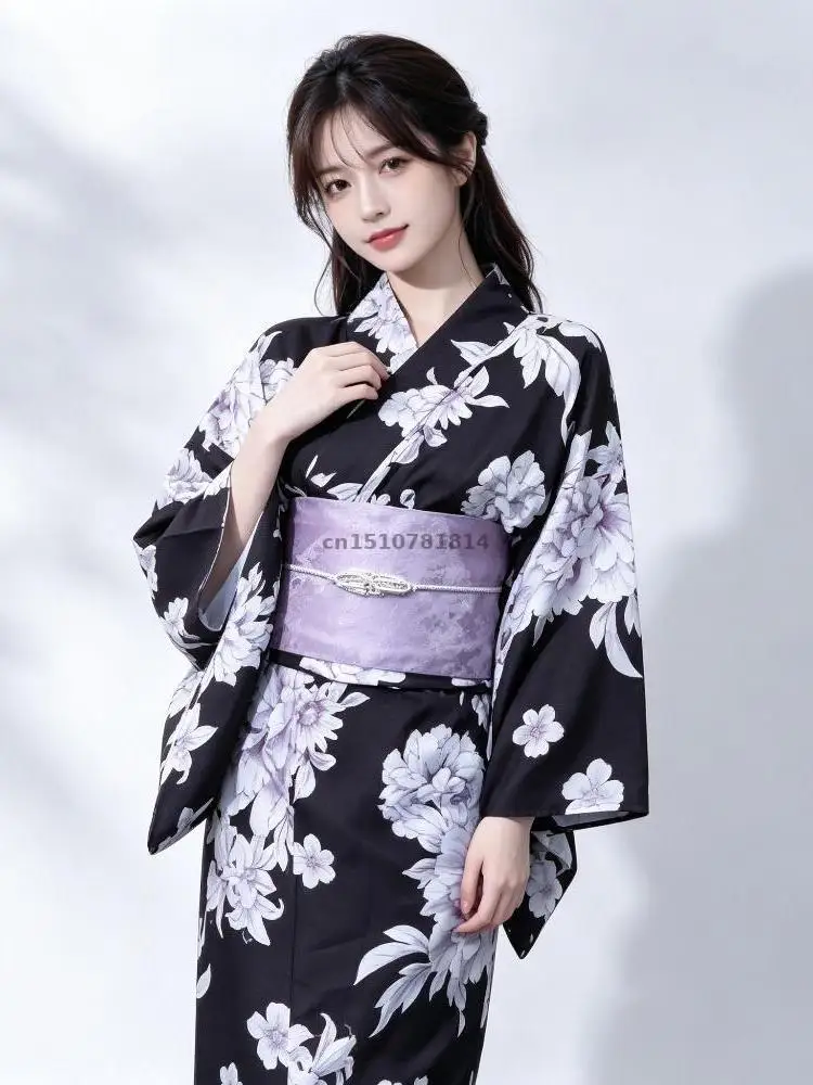 Japanese Kimono Women Black Floral Print Purple Obi Bow Traditional Summer Festival Elegant Cosplay Vintage Yukata Sakura Travel