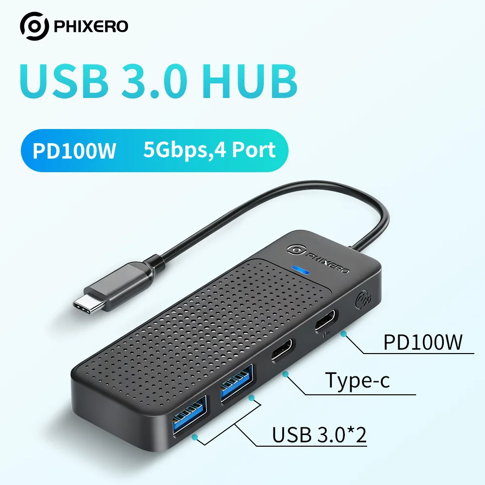 

PHIXERO 5Gbps 4-in-1 USB3.0 Hub USB HUB Adapter Expansion Dock Ultra-Slim OTG Adapter Type C PD100W For PC Computer Accessorie