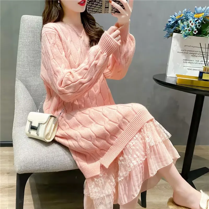 Woman Autumn Winter Knitted Sweater Dress 2025 Female Elegant Lace Patchwork Long Sweater Korean Outerwear Loose Sweater Dress