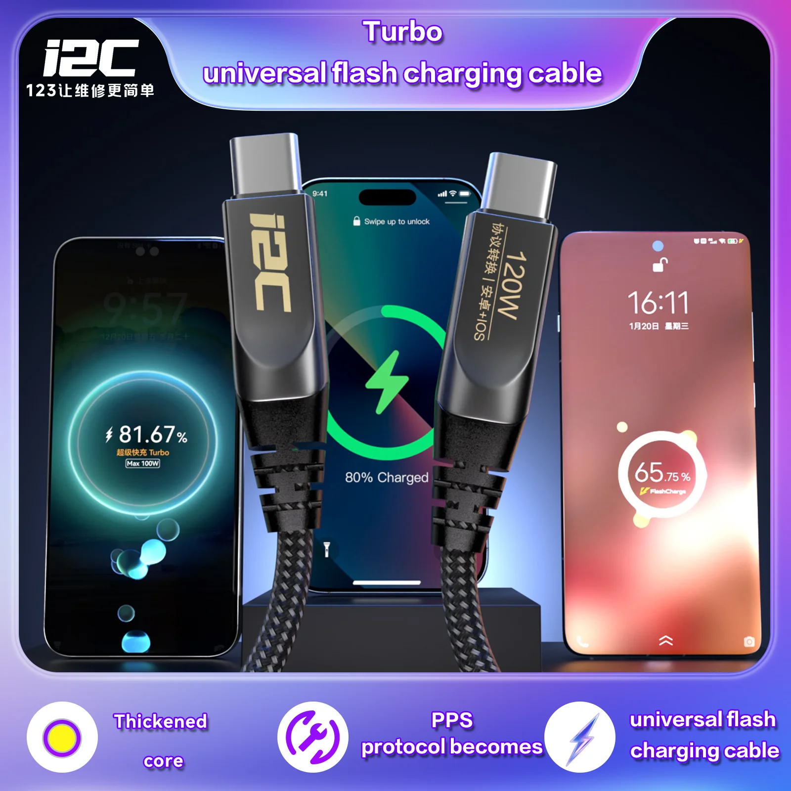 i2C Turbo Flash Cable 65W/120W Type-C Fast Charging Protocol Conversion Cable for Android iOS Phone Battery Repair Test Tool