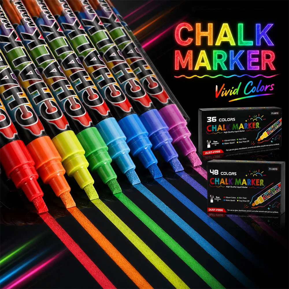 12/24 Colors Liquid Chalk Markers Water‑Based Easy Wipe Off Neon Chalk Marker Glass Window Mirror LED Board Blackboard Menu Board Sign Drawing Art Stationery Supplies