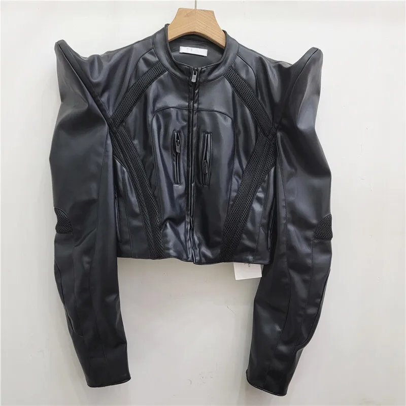 [Ewq] streetwear legal menina retalhos design manga longa zíper jaqueta de couro do plutônio moto feminino casaco de camurça 2024 outono novo 16o3086