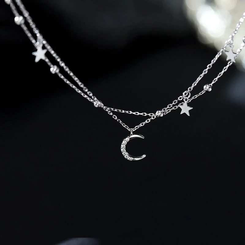 Charm Delicate 925 Sterling Silver Double-layer Star and Moon Layering Bracelet for Women Girls Korean Summer Party Jewelry Gift