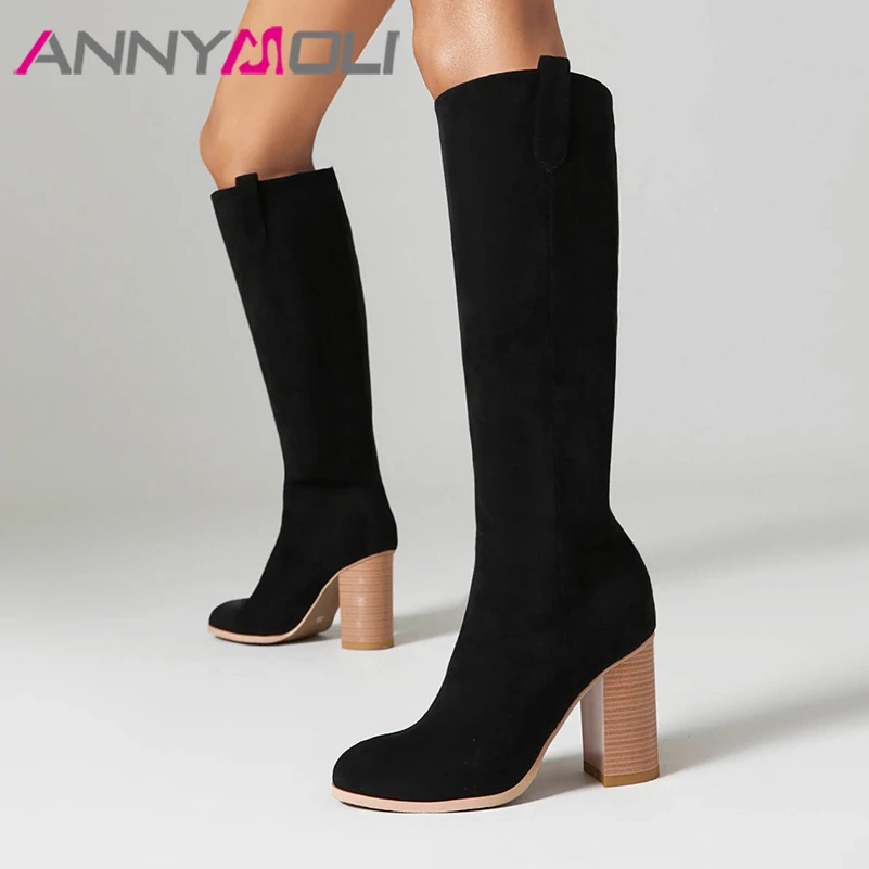 

ANNYMOLI Women Knee High Long Boots Round Toe Thick High Heels Gogo Boots Concise Lady Fashion Shoes Winter Black Brown Khaki 46