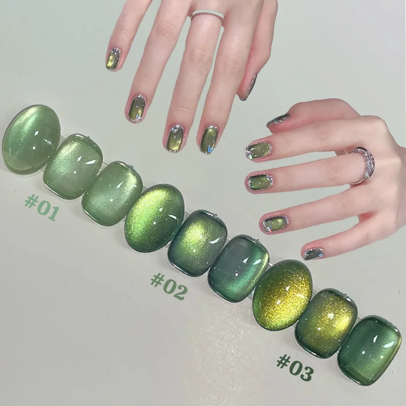 12ML 1PCS Whitening Green Light Glass Bead Star Bamboo Green Series Cat Eye Magnet Gel Nail Polish Nail Set Green Nails
