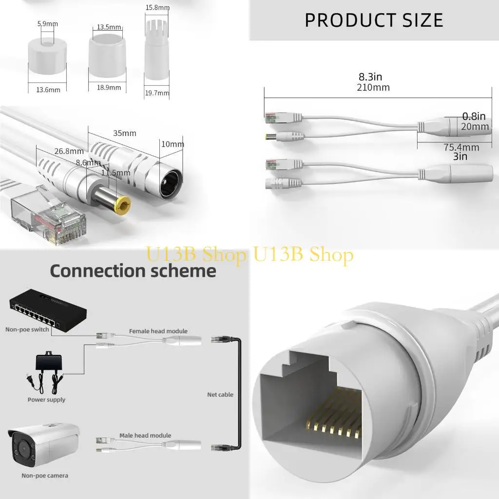 U13B Inyector POE pasivo y divisor con DC5.5x2.1mm RJ45 Conectores Poe Inyector Splitter para Ethernet Power Over Over