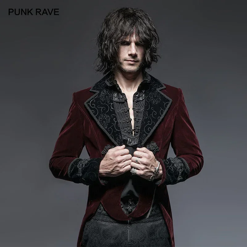 

PUNK RAVE Gothic Vampire Red Men's Gentle Tail Jacket with Scissors Punk Rock Party Cospaly Men Long Coat Clothes Windbreaker