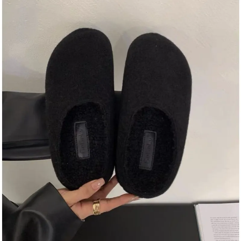 Autumn Design Women's Mules Slippers Platform Flats Outdoor Slides Fashion Slip on Woolen Fabric Shoes