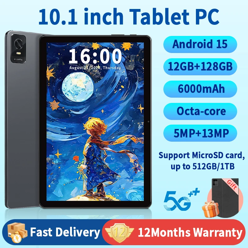 10.1Inch Tablet, Android 15 Tablets with 12GB+128GB Storage(Expand to 1TB), Octa Core 1280*800Incell, 6000mAh Dual 5MP+13MP Came