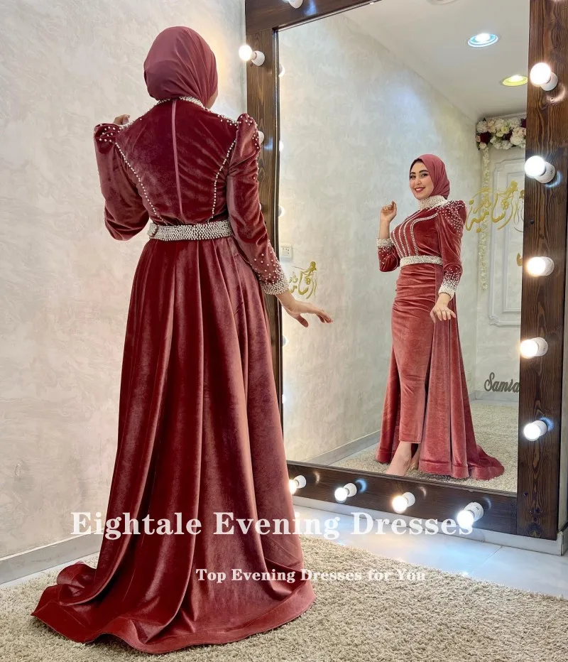 Eightale Long Luxury Evening Dresses Muslim High Neck Beaded with Pearls Mermaid Arabic Prom Gown Wedding Party Dress Velvet