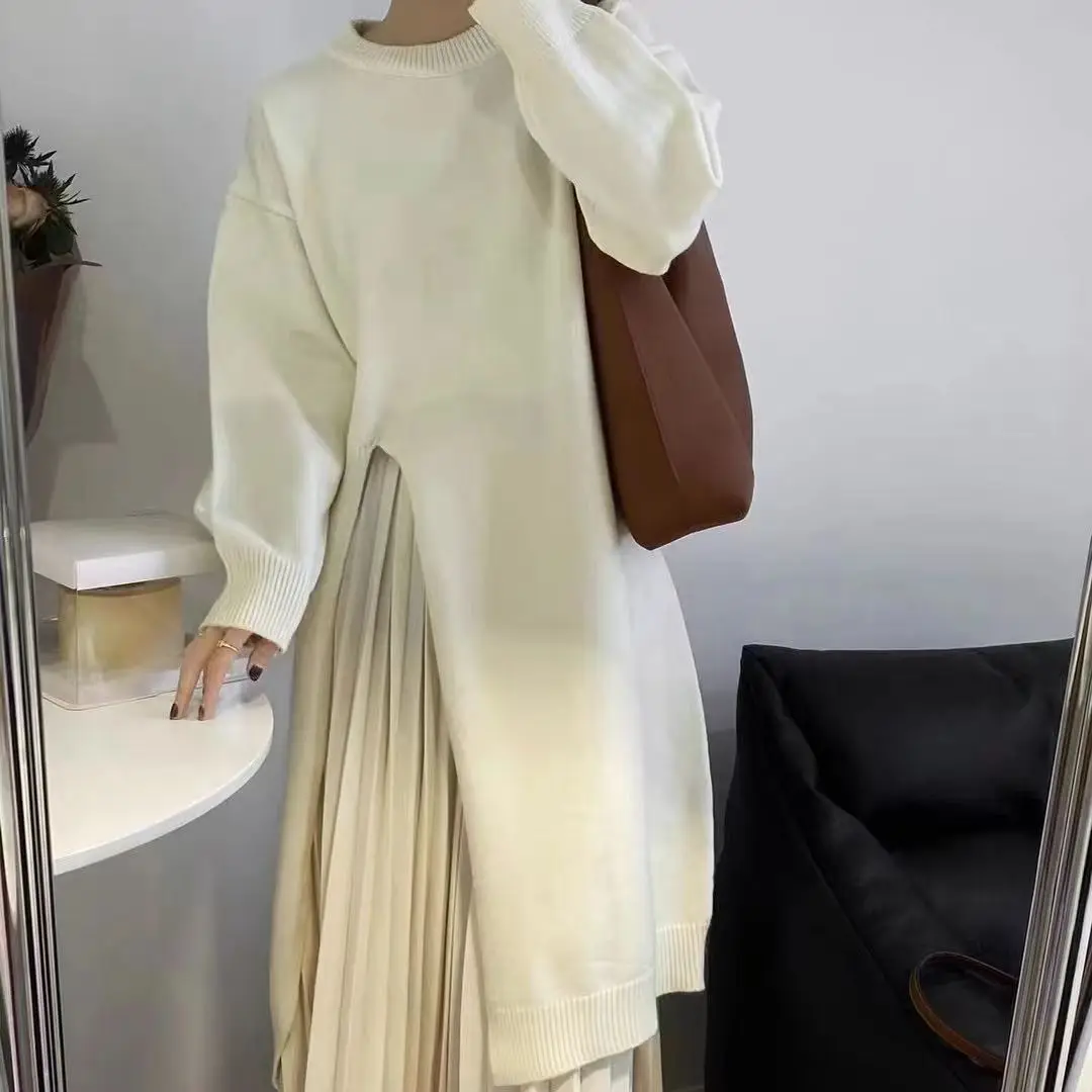 Split Long Sweater Autumn Winter Women Turtleneck Sweaters Loose Black Apricot Thin Maxi Top Pullover Jumpers Y2k Soft Jacket