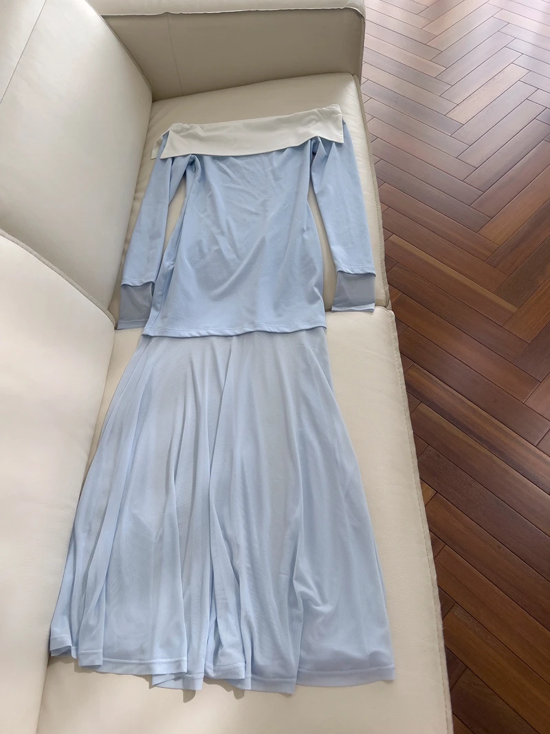 Blue Slim Fit One oulder Knitted Dr Women's Inner Wear High Waist A-Line Skirt Long Sve Zipper Closure Wedding Dr