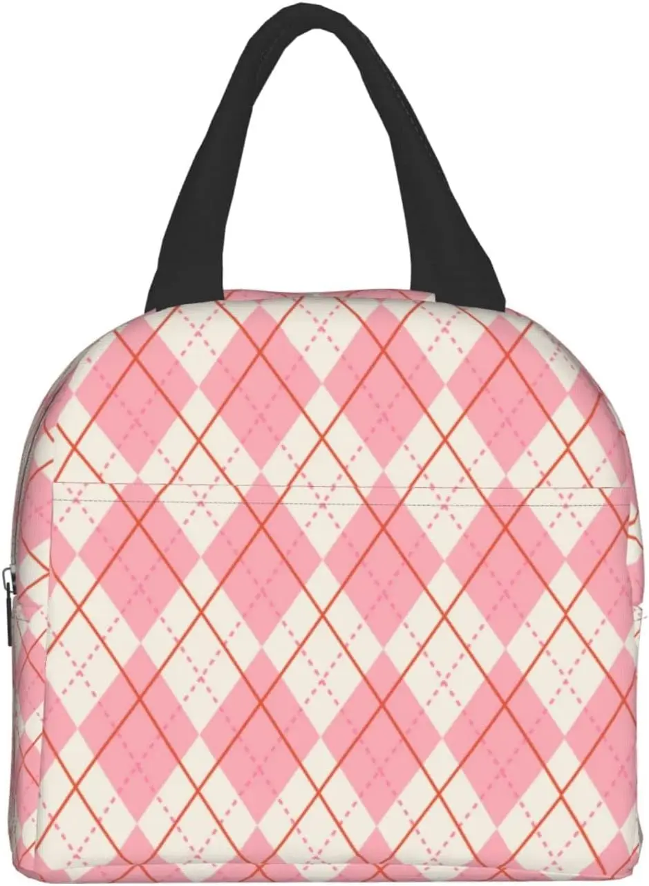 Lunch Bag Pink Beige Argyle Pattern Insulated Lunch Box Reusable Lunch Bags Meal Portable Container Tote