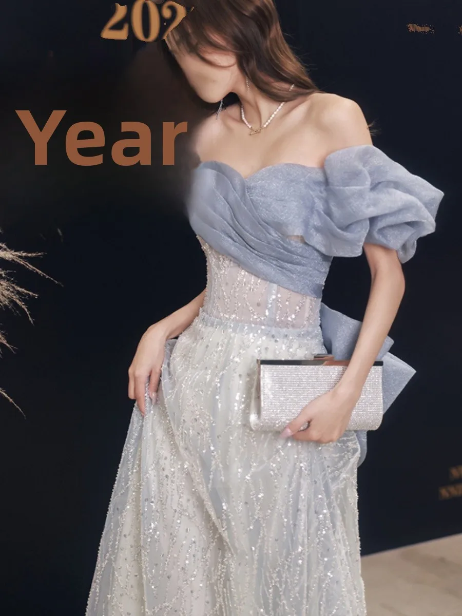 

Синее вечернее платье на одно плечо с блестящими пайетками, корейский стиль, с завышенной талией, бальное платье для женщин 8-25 лет, весенняя коллекция