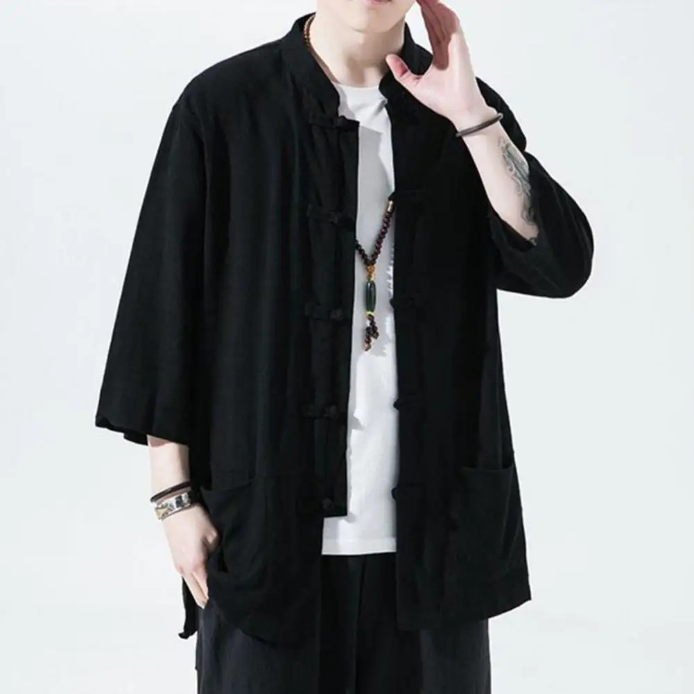 Men's Chinese Style Shirt Loose Retro Button-down Shirt with Pockets Cotton Linen Breathable Summer Shirt for Street Party Trave