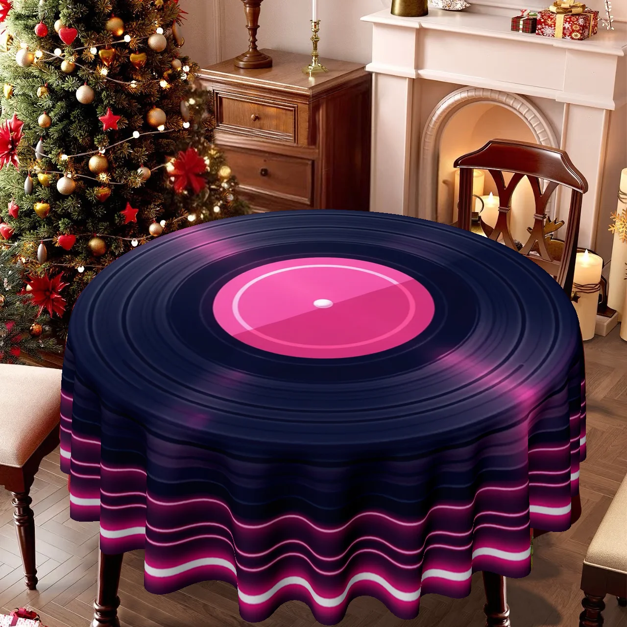 A tablecloth with a Christmas theme and disco style, suitable as a tablecloth for serving dishes.