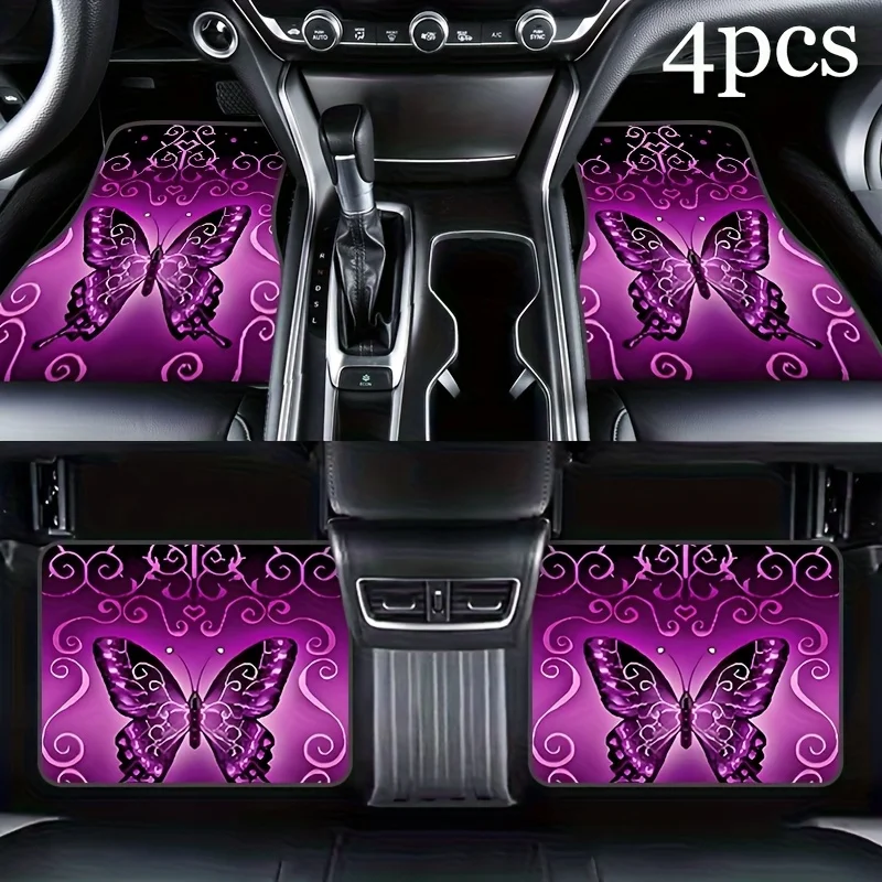 Purple Large Butterfly Car Floor Mats, 4pcs Set, Unique Single Butterfly With Curly Pattern, Covers Front And Rear Areas, Practi