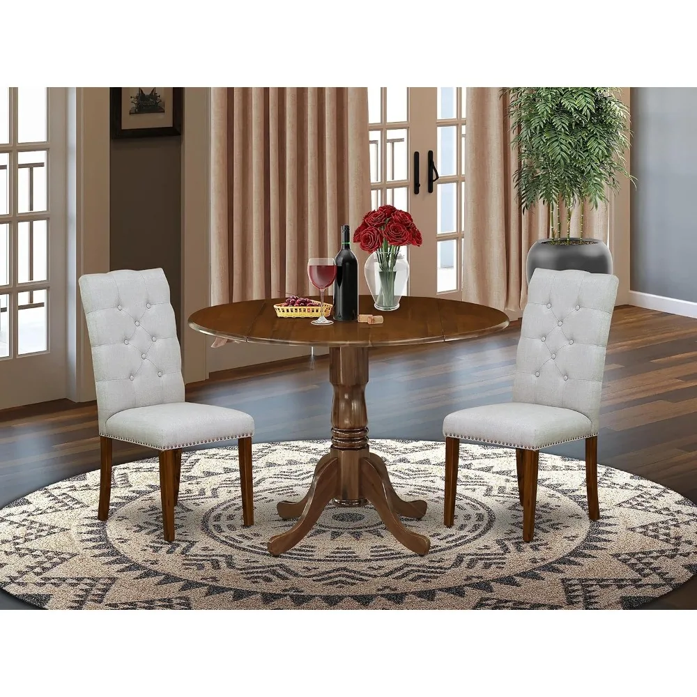 3 Piece Kitchen Table & Chairs Set Consist of a Round Dining Table with Dropleaf and 2 Upholstered Parson Chairs, 42x42 Inch