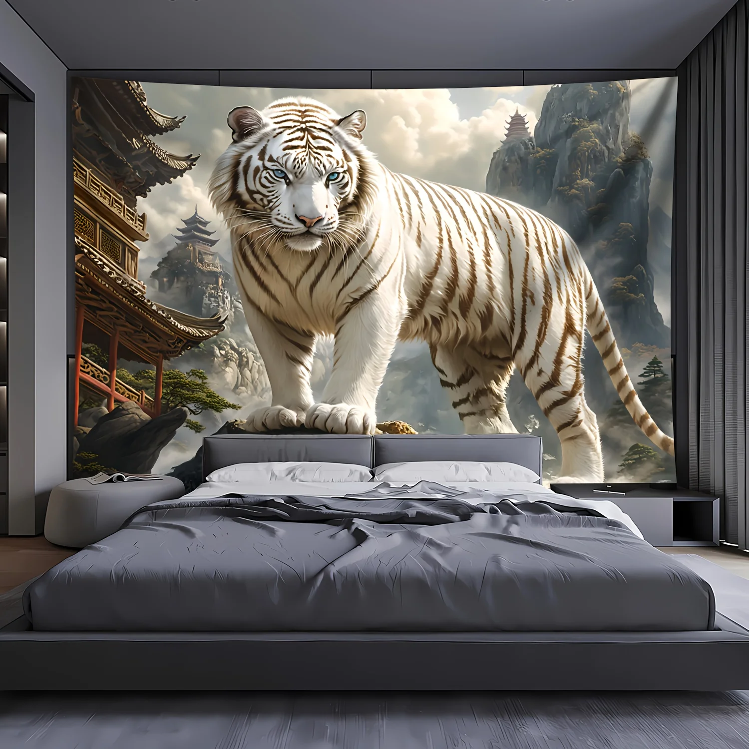 VIKAMA White Tiger Chinese Style Tapestry Ancient Pavilion Mountain Mist Oriental Landscape Wall Hanging Home Decor (ABU-026)