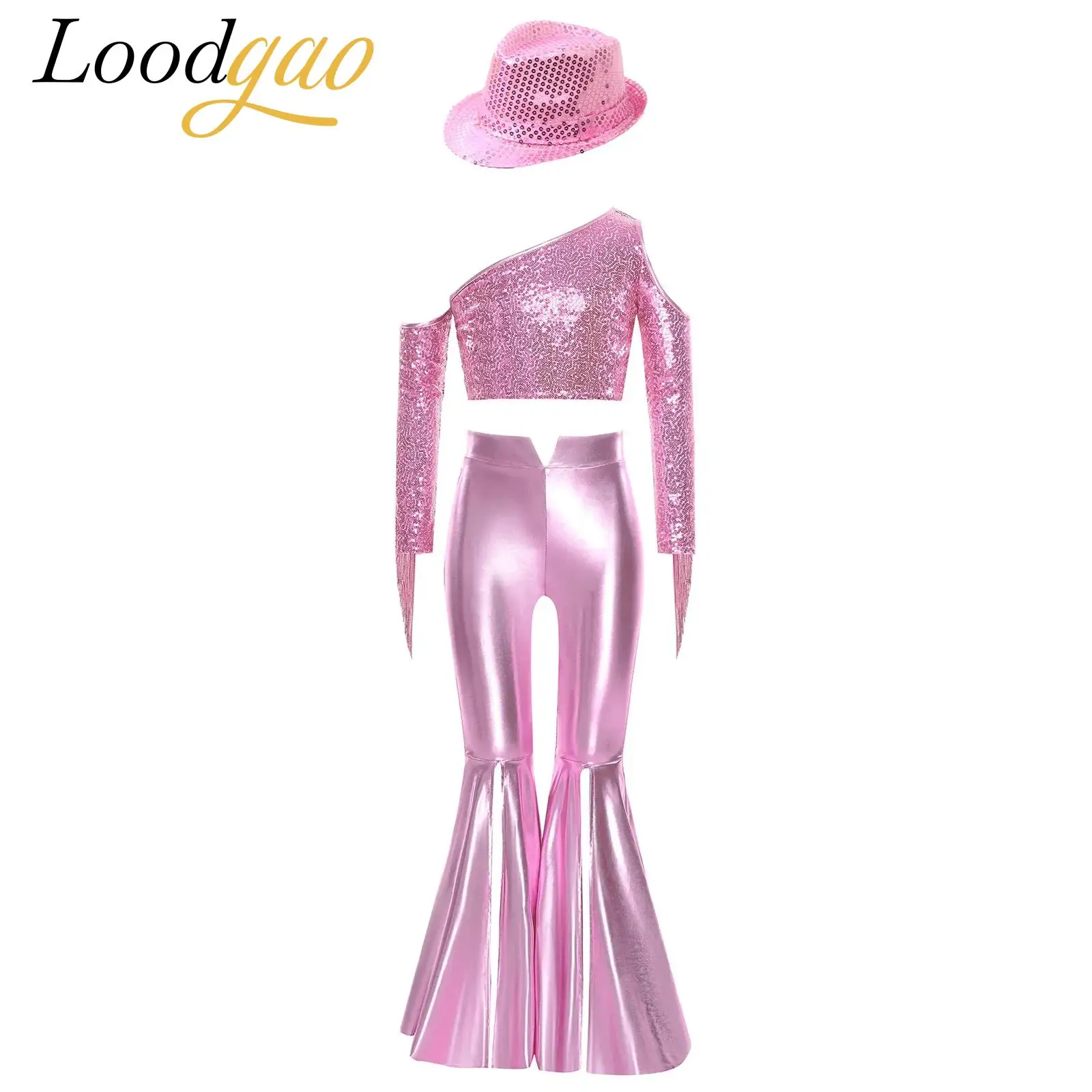

Children's Girls 60s 70S Disco Outfits Sequins Jazz Modern Dancewear Hippie Costume Kids Metallic Performance Clothing Sets
