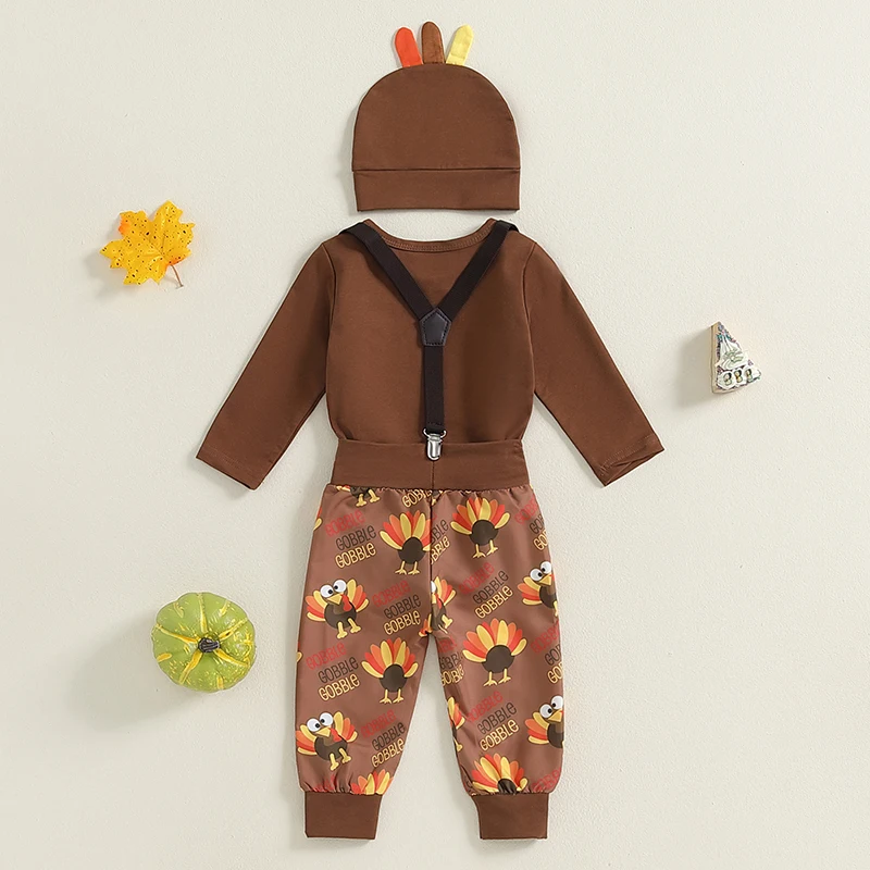 Suefunskry Baby Boy Thanksgiving Outfit Letter Turkey Print Long Sleeve Romper and Suspender Pants Hat Set Spring Fall 3Pcs Set