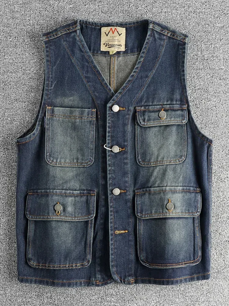 Spring Autumn New Japanese Retro Denim Cargo Vest Men\'s Simple Pure Cotton Washed Old Sleeveless V-neck Multi-pocket Casual Coat