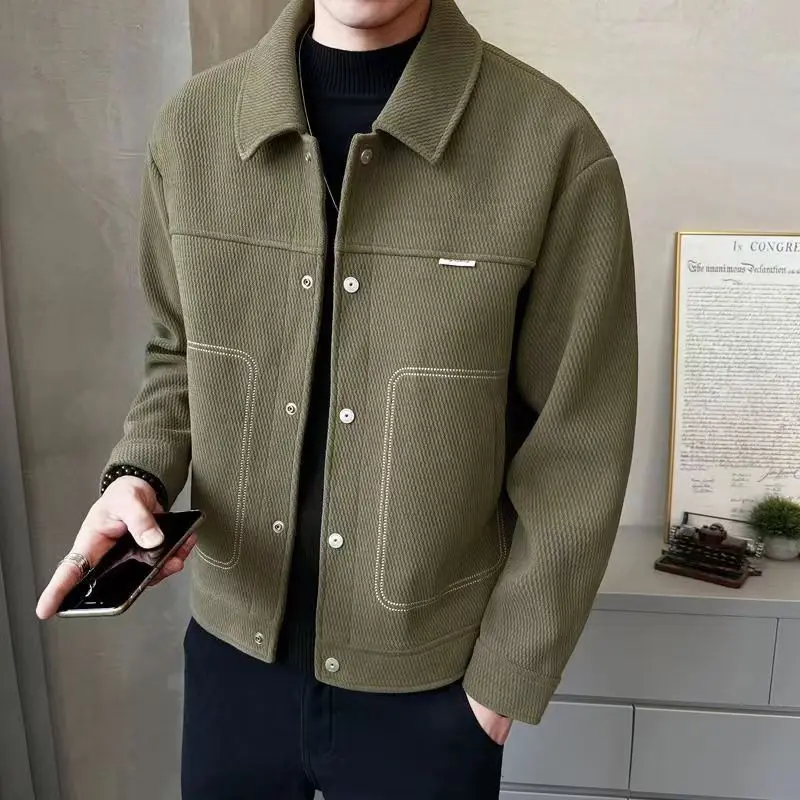 Fashion Lapel Button Spliced All-match Solid Color Jackets Mens Clothing 2023 Autumn Winter Loose Casual Tops Korean Coats