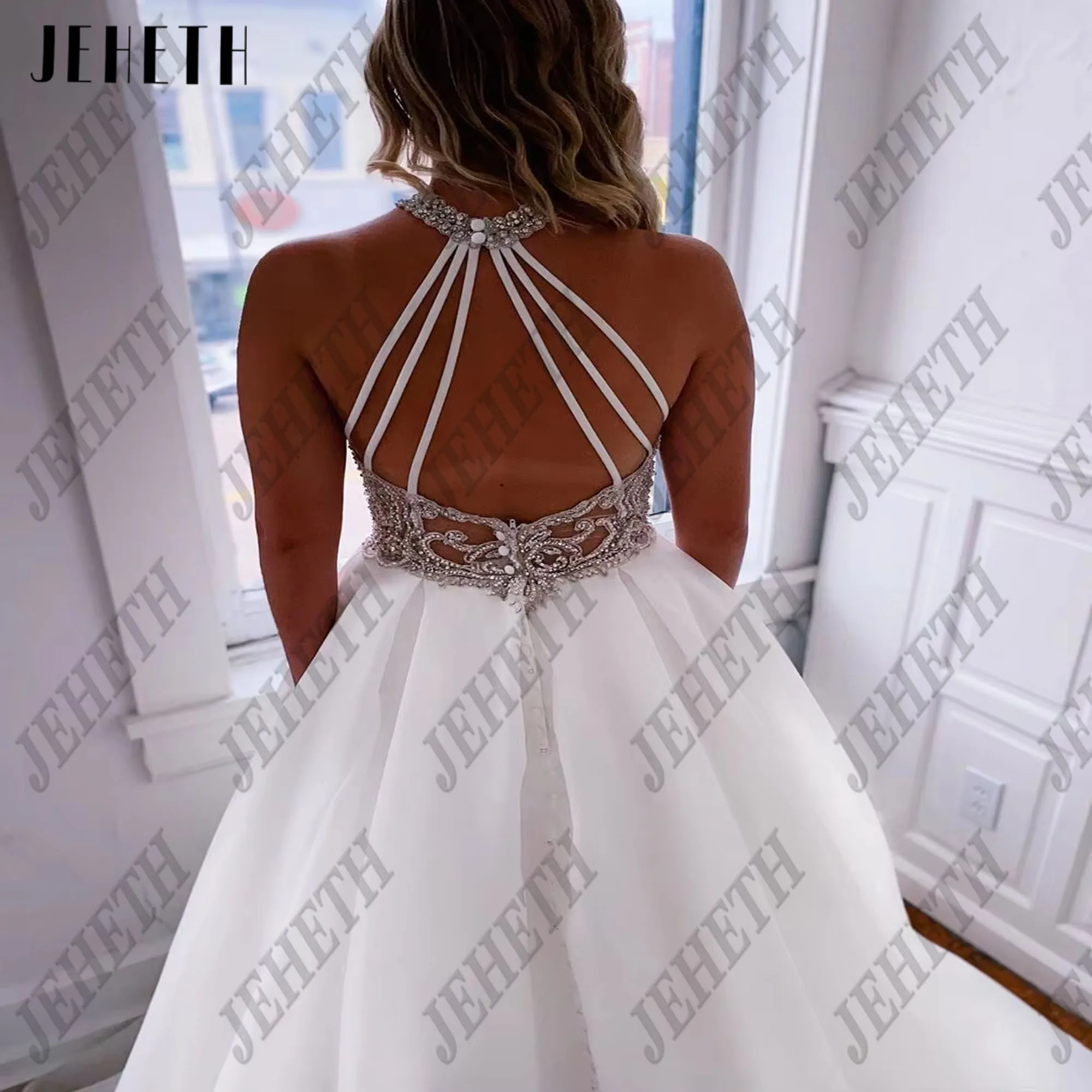 JEHETH A-Line Boho superventas 2025 vestidos De novia para mujer Organza blanca cristales De cuello alto vestidos De novia bata personalizada Jeheth a - line Bohemia 2025 vestidos de novia femeninos más vendidos vestid