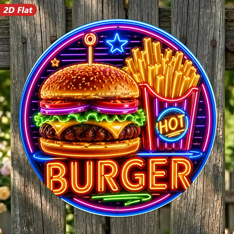 2D Flat, 1pc Neon Burger Diner Round Metal Sign Wall Art, Burger Text, Glowing Burger, Ideal for Corner Garden Dining Room, Gold
