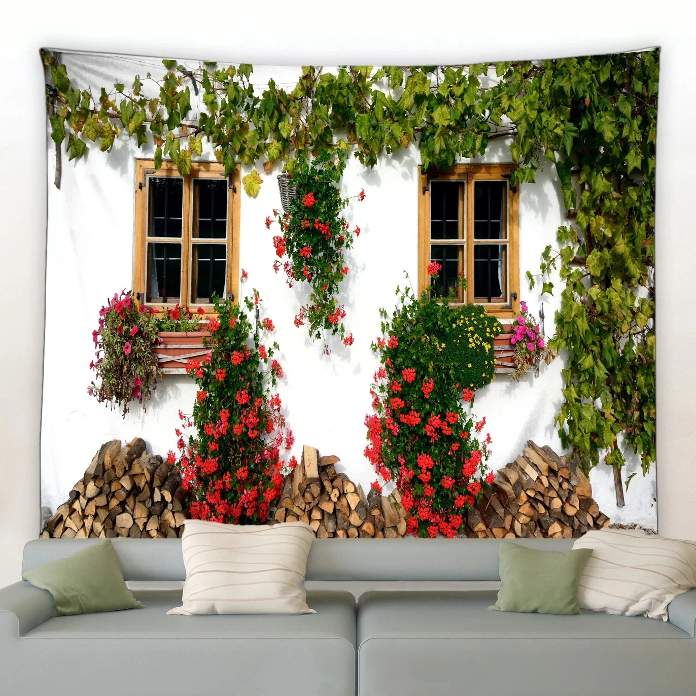 European Garden Floral Tapestry Spring Nature Landscape Mediterranean Rustic Farmhouse Wall Decor Vintage Flower Tapestry
