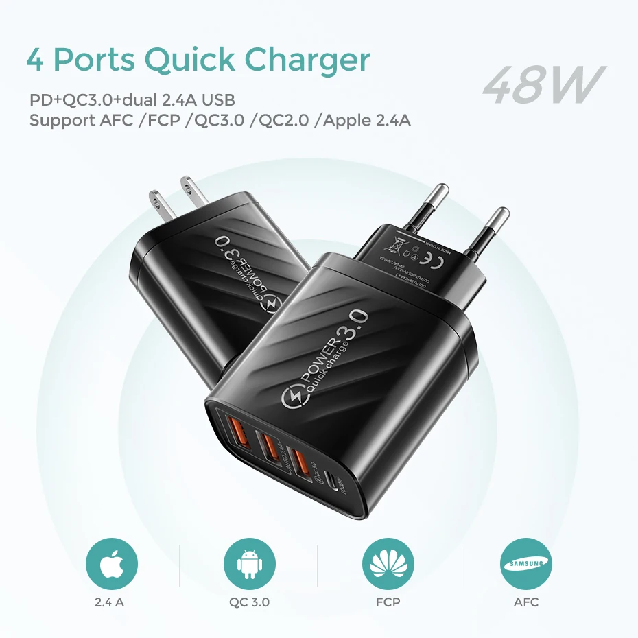 PD USB 48W Fast Charging Charger Type C USB Wall Multi Ports Power Adapter USB C   4 In 1 Charger Quick Charging QC3.0 Charger
