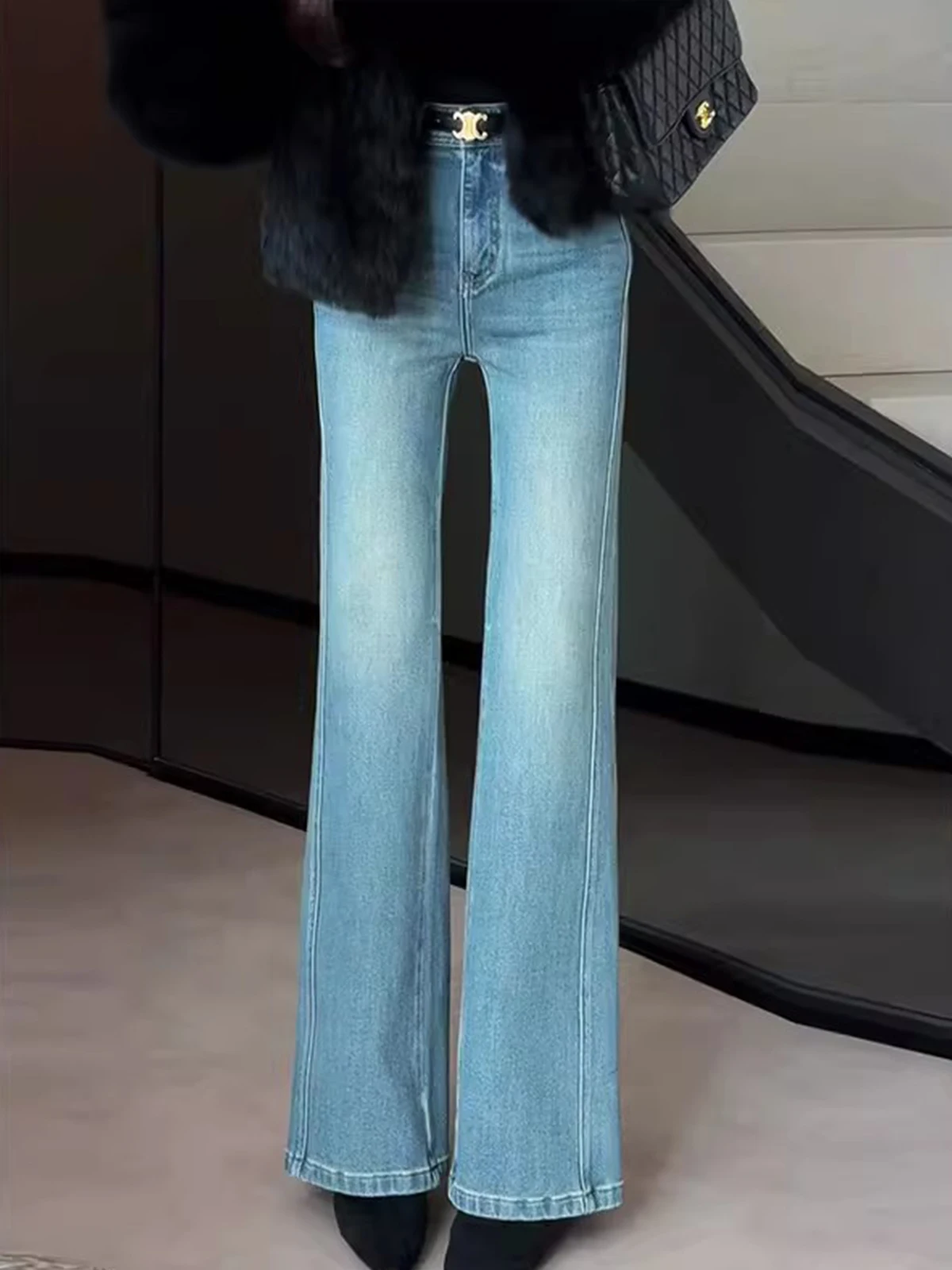 

Blue High Waist Slim Fit Denim Jeans Women's Spring New Sle Small Size Flared Straight Leg Pants Vintage Ladies Jeans