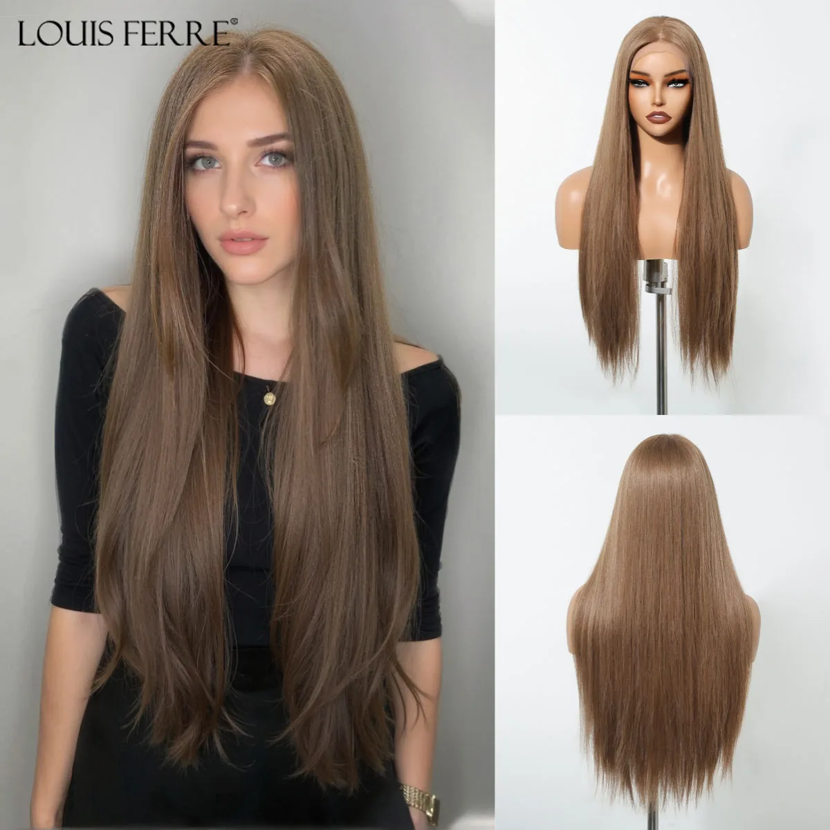 13*6 Flax Brown Lace Frontal Synthetic Wig Long Straight Middle-part Fake Hair For Women Daily Use Natural Heat Resistant Wig