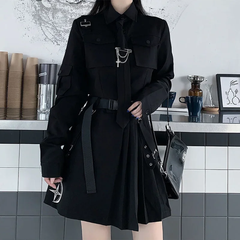 Spring Harajuku Streetwear Two-Piece Skirt Spring Oversize Punk Chain Ribbon Skirts Women 2 Piece Suit For Female